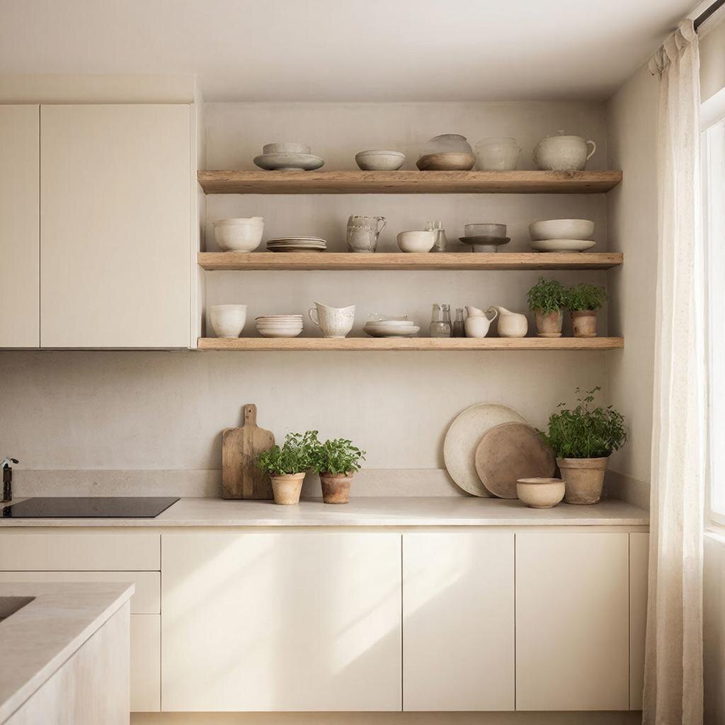 Современная кухня с матовыми фасадами и открытой деревянной полкой.
