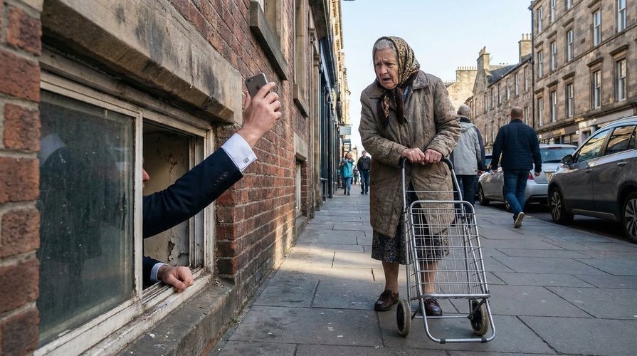 С улицы это выглядит как рука, которая вырастает из-под земли и держит айфон.