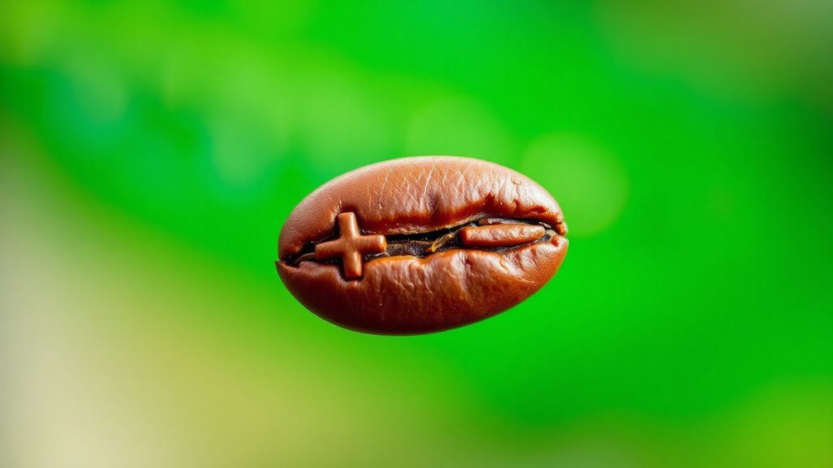 Иллюстрация кофейного зерна с плюсом и минусом сбоку — визуально показывающая два аспекта: пользу и вред. 