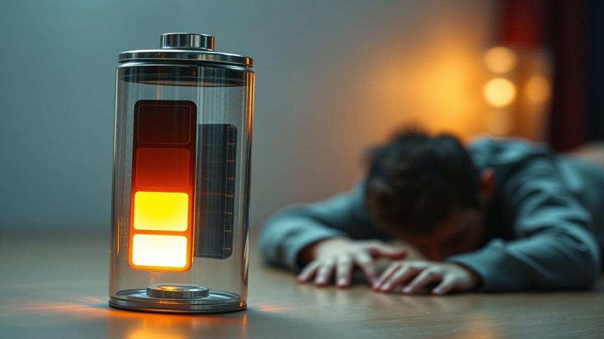 Иллюстрация батарейки с индикатором заряда, который горит ярко, но сам человек выглядит уставшим или растянутым — символ внешнего вида энергии и внутреннего состояния.