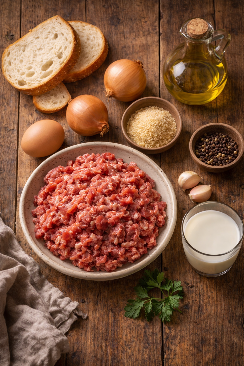 Фарш свиной — 400 г.                                                                                                     Фарш говяжий — 300 г.                                                                                                    Лук репчатый — 1 большая головка.                                                   Хлеб белый (батон) — 3 кусочка без корки.                       Молоко — 100 мл (для замачивания хлеба).                    Яйцо — 1 штукаЧеснок — 2 зубчика.                                           Ледяная вода — 3 столовых ложки(секрет!).                                                                                                                                      Соль — 1 чайная ложка.                                                                            Перец чёрный — по вкусу.                                                               Панировочные сухари — для обвалки.                                        Масло растительное — для жарки.                                    
