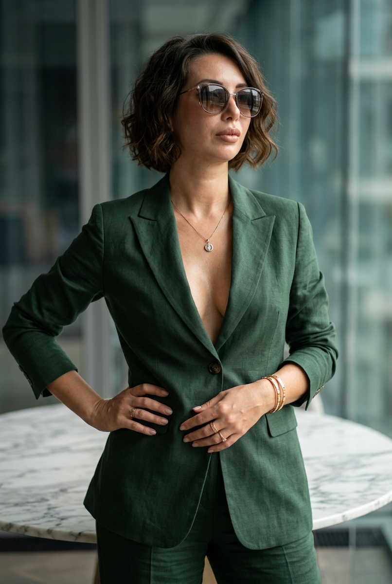 Стильный образ в зеленом костюме