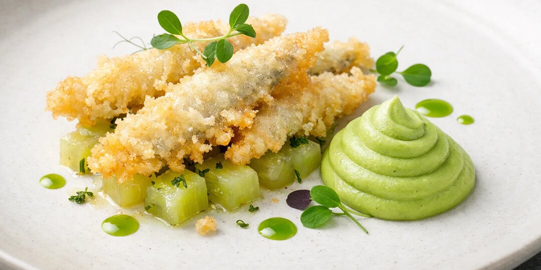 Корюшка обжаренная в темпуре с конфи из огурцов и муссом из зеленого горошка