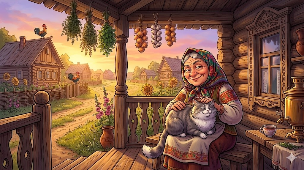 Михеевна в режиме ожидания. Сейчас она выдаст стакан соли, три порции свежих сплетен и прогноз погоды на август, глядя только на хвост своего кота.