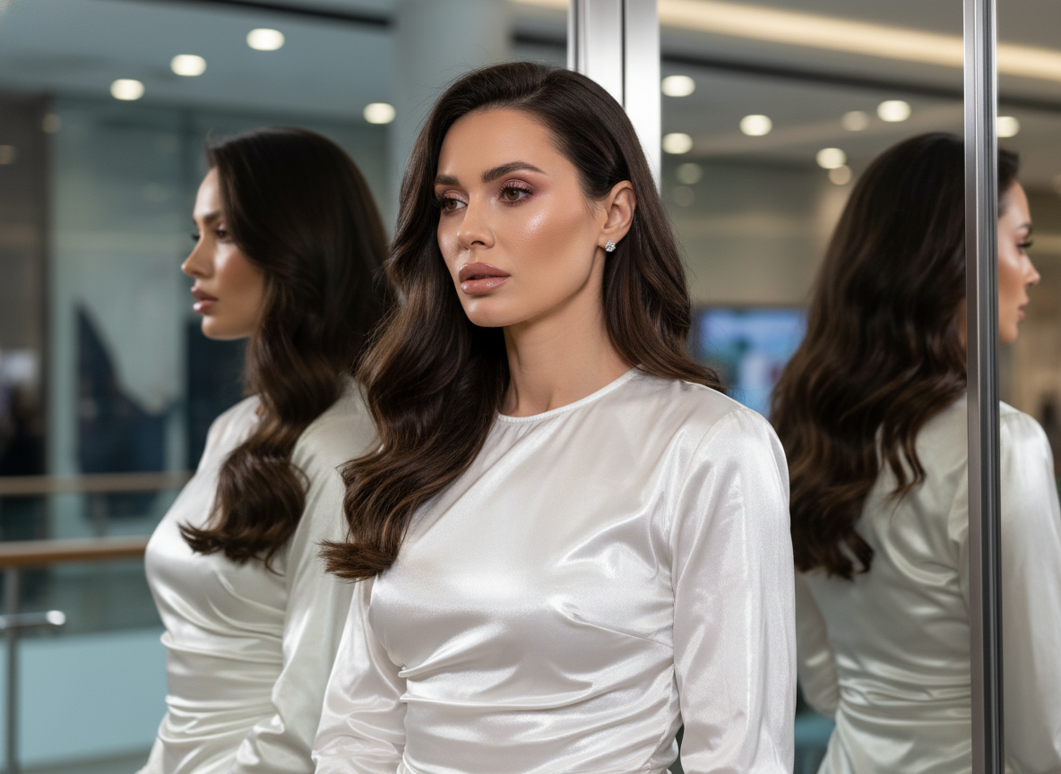 Женщина у зеркала в блестящей синтетической блузе, заметны складки и неуверенный взгляд 