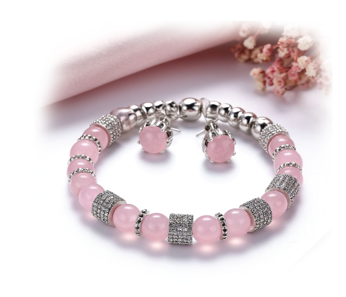 Серьги и браслет, розовый кварц, серебро