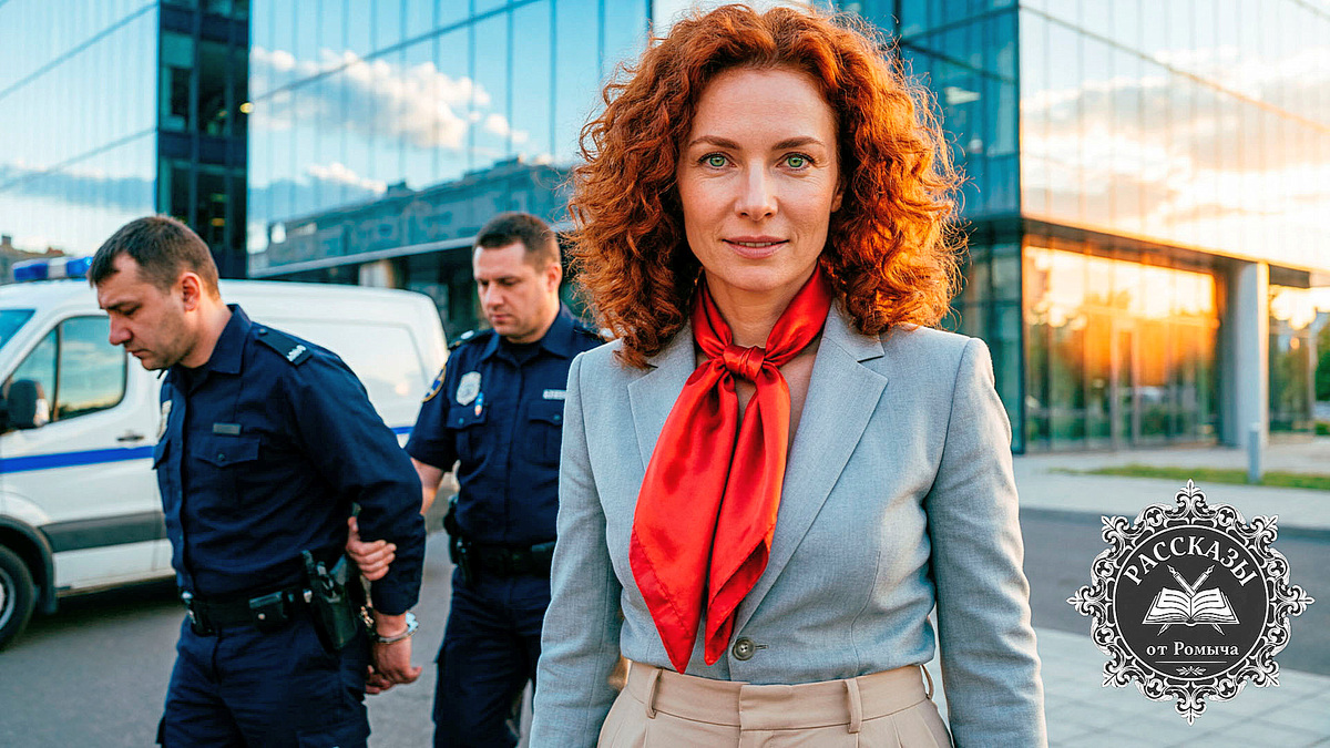 Женщина, рыжие волосы, зеленые глаза, в ярко-красном шелковом шарфе, стоит на фоне утреннего бизнес-центра. Рядом полицейские уводят мужчину в наручниках в автозак. Лицо женщины выражает холодное торжество и спокойствие.