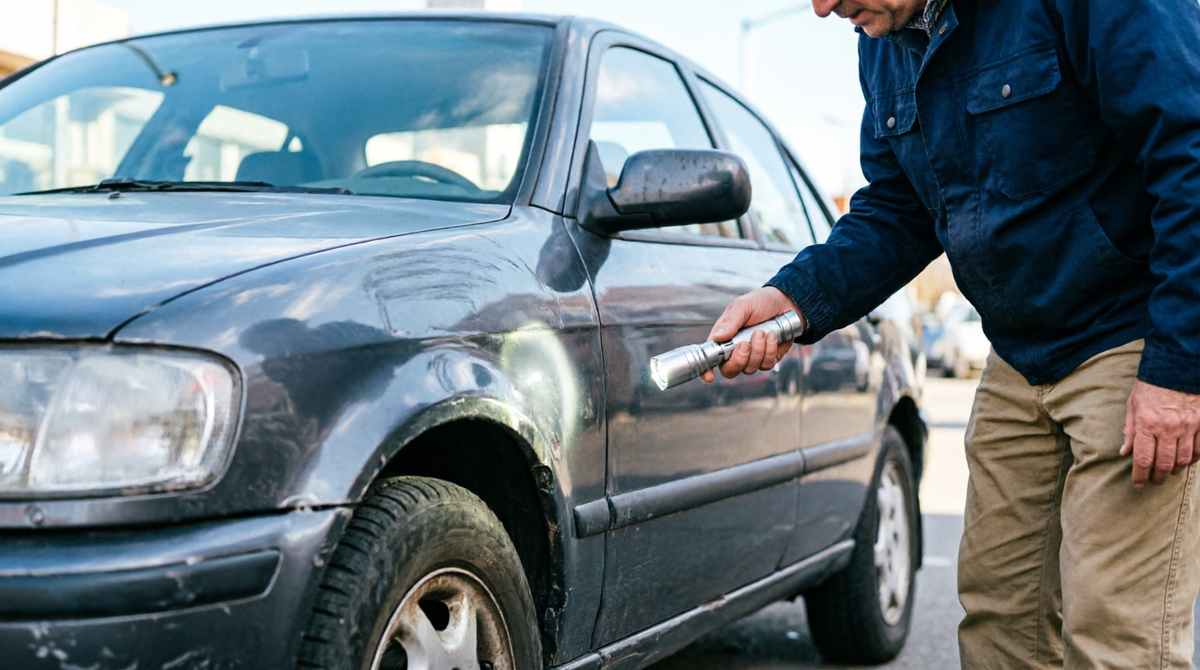 Покупатель осматривает авто с фонариком 