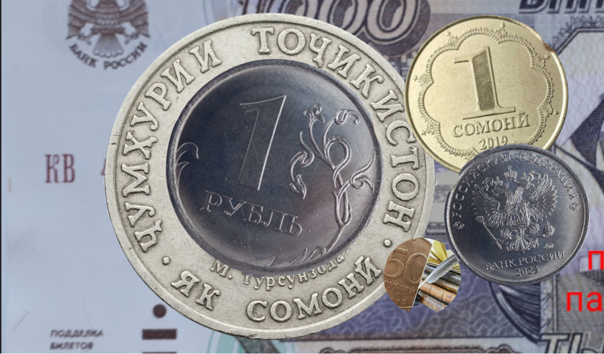 Монеты 1 сомани и 1 рубль.