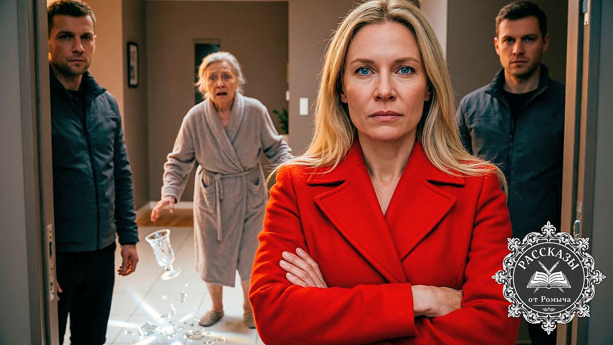 Женщина, светлый блонд, голубые глаза, в ярко-красном пальто. Она стоит на пороге квартиры, сложив руки на груди, на лице холодное торжество. На заднем плане пожилая женщина в домашнем халате в ужасе роняет из рук хрустальную вазу, осколки разлетаются по кафельному полу. В дверном проеме видны двое мужчин в темных куртках.