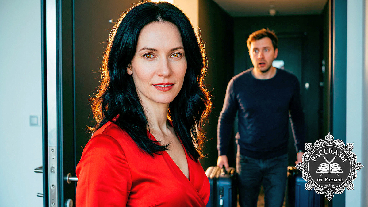 Женщина с черными волосами и янтарными глазами, в ярко-красном шелковом платье, стоит в дверях современной квартиры. Лицо выражает холодное торжество и спокойную силу. На заднем плане в расфокусе – растерянный мужчина с дорожными сумками уходит в темный коридор подъезда.