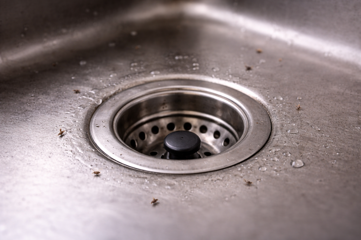 Чистая раковина сверху не значит чисто внутри. В сифоне может быть среда, где мошки размножаются неделями.