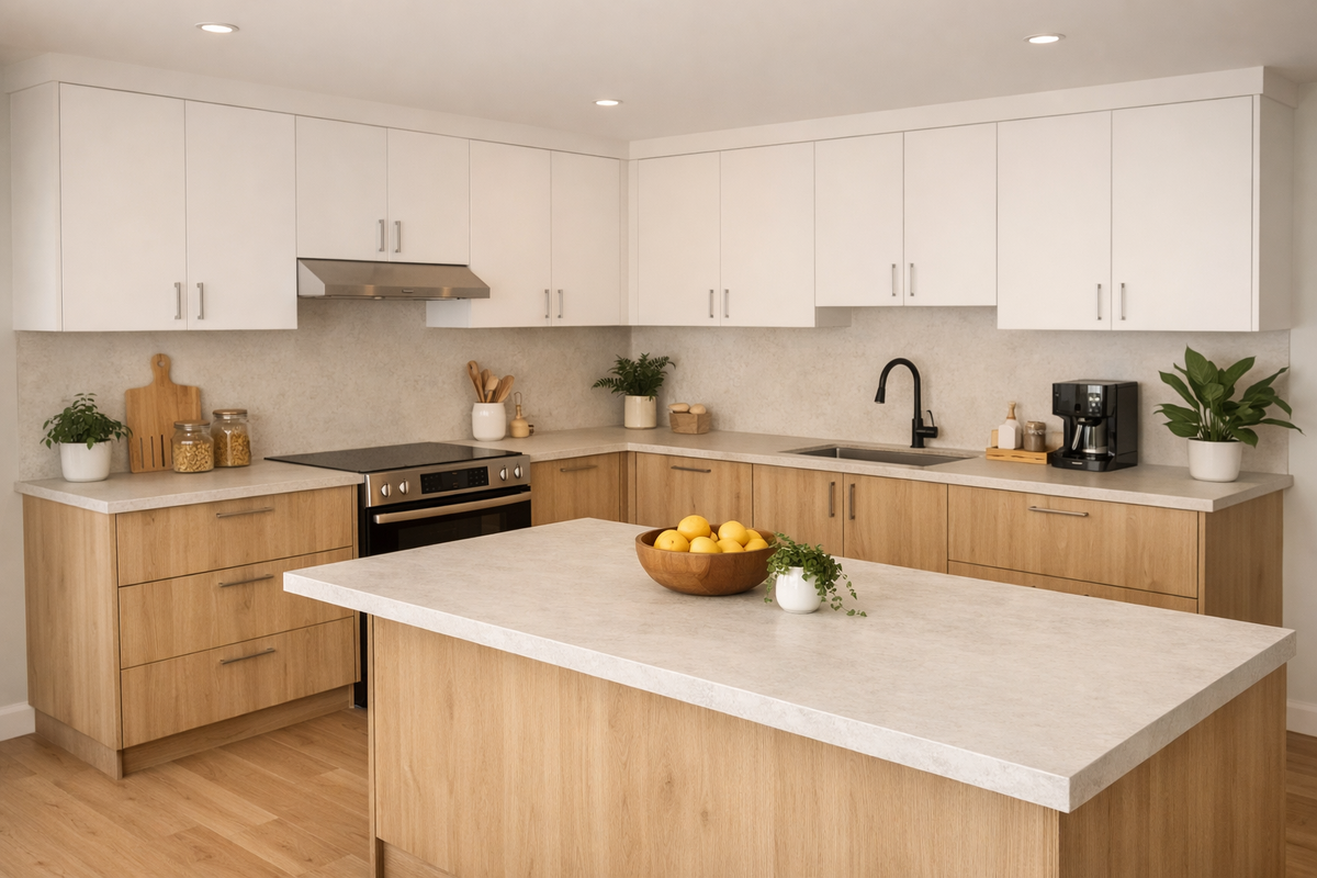 Современная кухня под светлый дуб с белыми фасадами в минималистичном интерьере