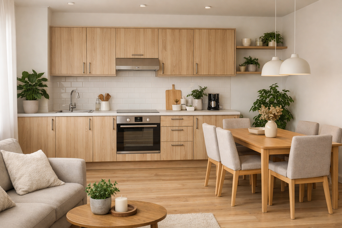 Скандинавская кухня под ясень с белыми стенами и светлым интерьером