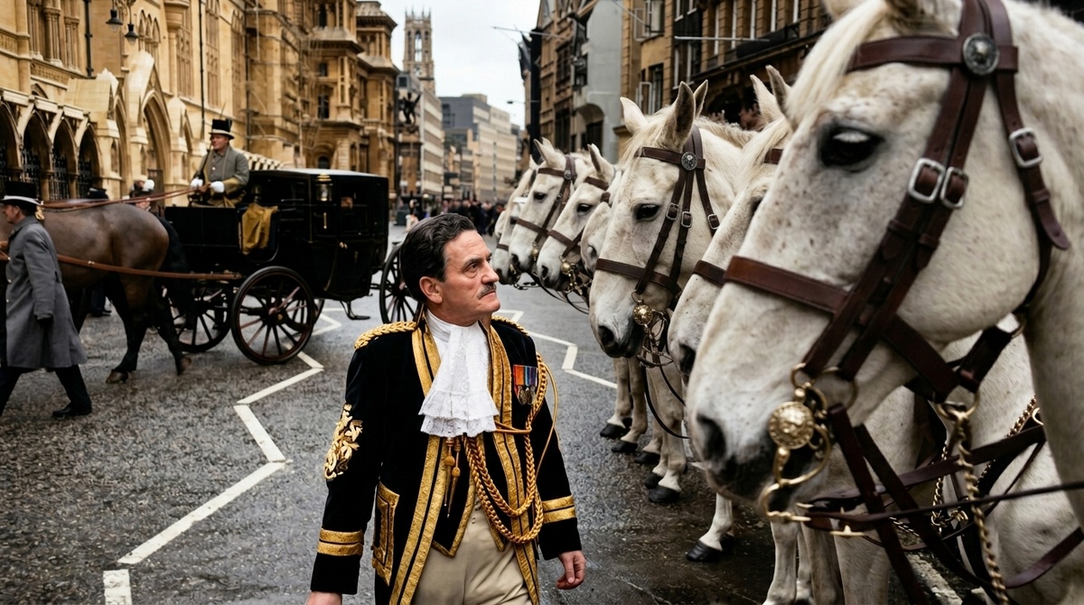 Офицер в парадной форме проходит мимо строя белых лошадей на фоне исторических зданий Лондона. Легендарные исторические фото в цвете.