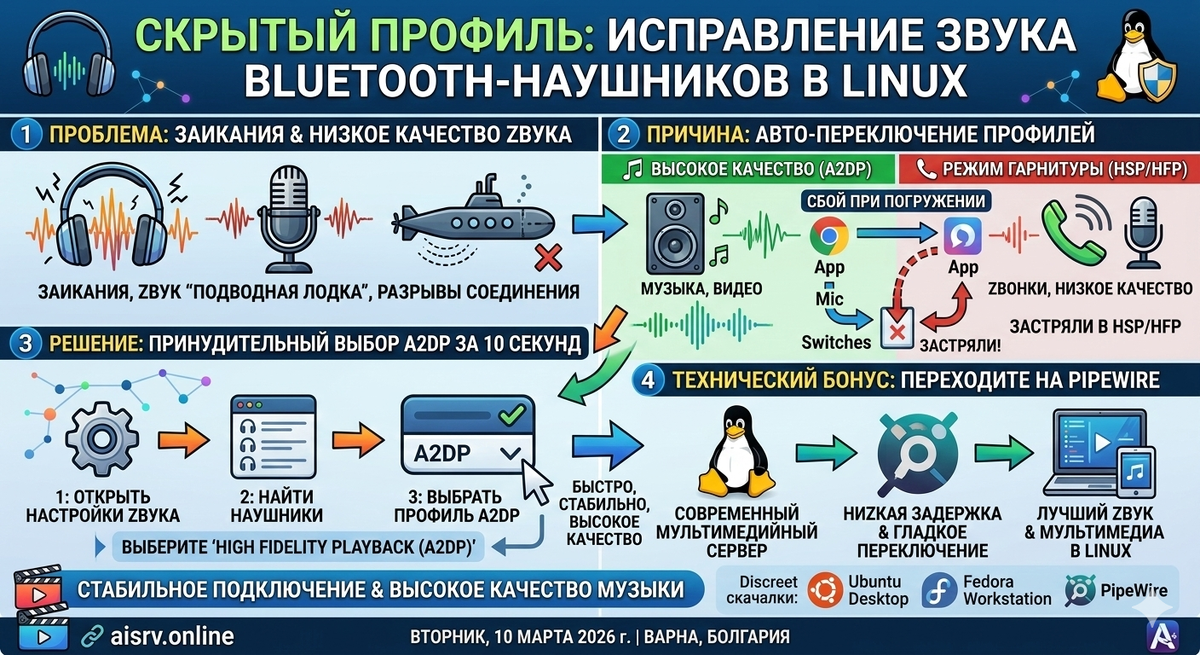 Как починить звук Bluetooth-наушников в Linux