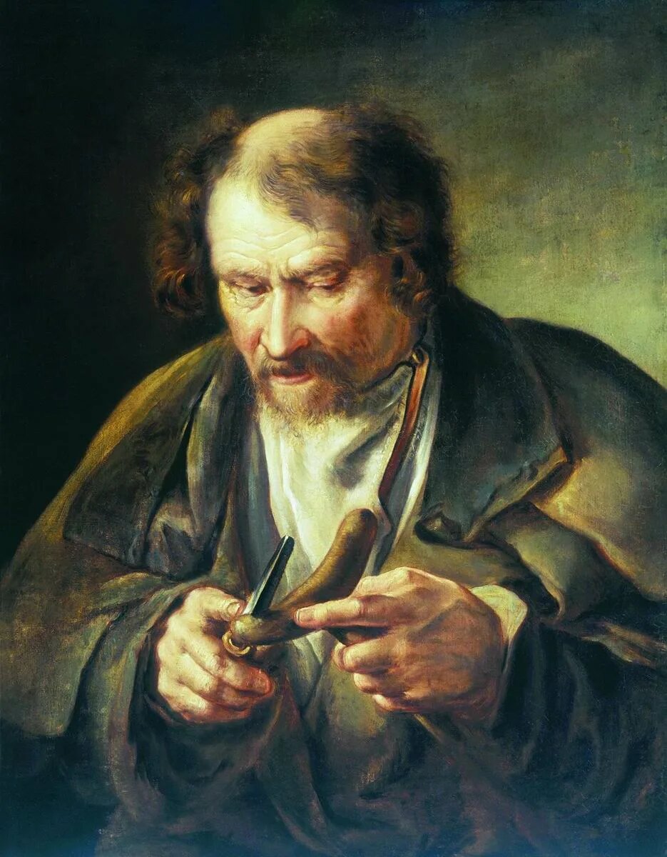 Старик обстругивающий костыль