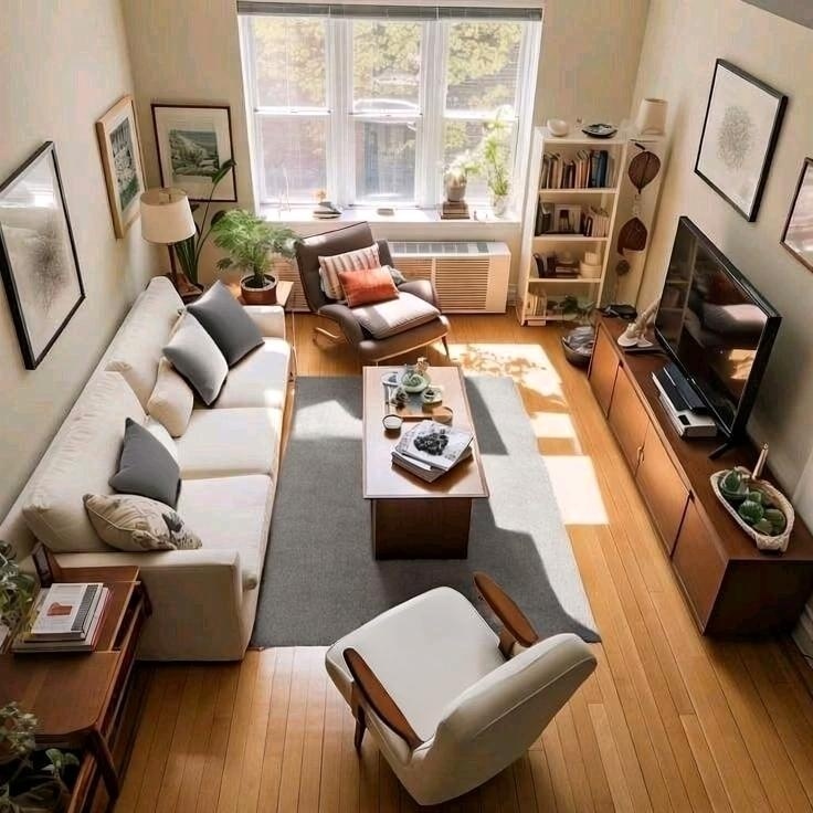 Расположение мебели по всему периметру комнаты создает впечатление переполненности