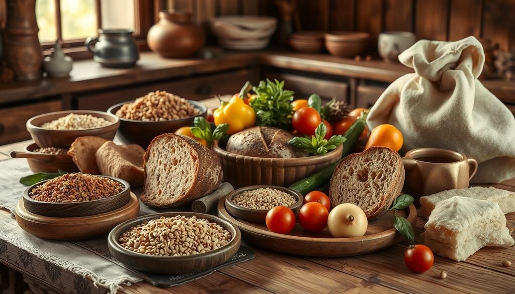    Сцена из деревенской кухни 19 века с традиционными русскими продуктами, такими как ржаной хлеб, разнообразные крупы и свежие овощи.