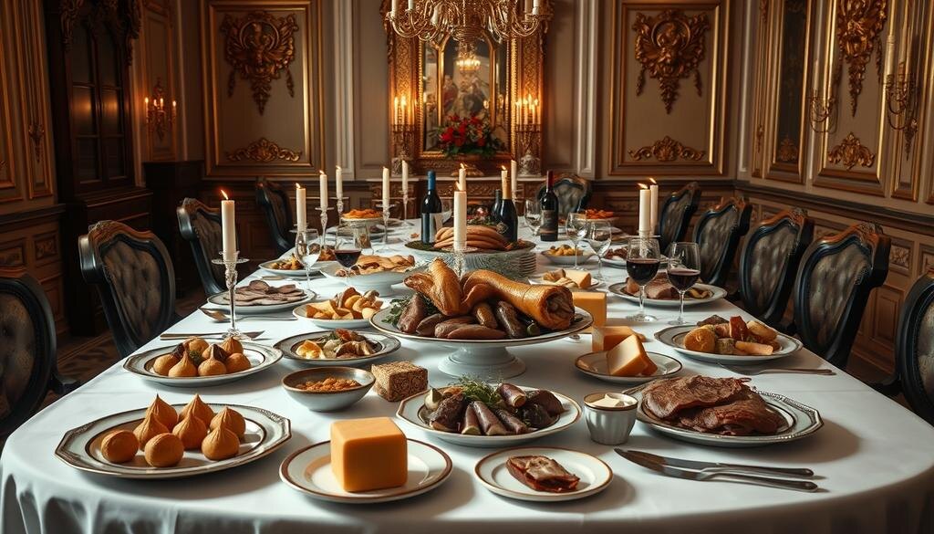    Элегантный стол в роскошном особняке с разнообразными блюдами, включая мясные продукты, выпечку и вино, отражающий культуру питания русской знати в 19 веке.