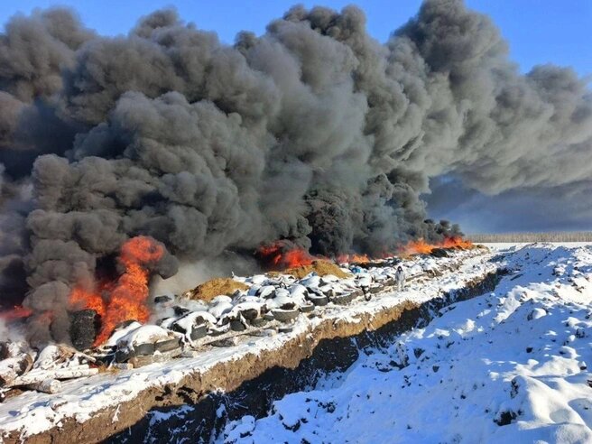 Автор фото: T.me / "Омский новостной поезд". Сожжение домашнего скота на фоне вспышки пастереллёза в Омской области, февраль-март 2026 года.