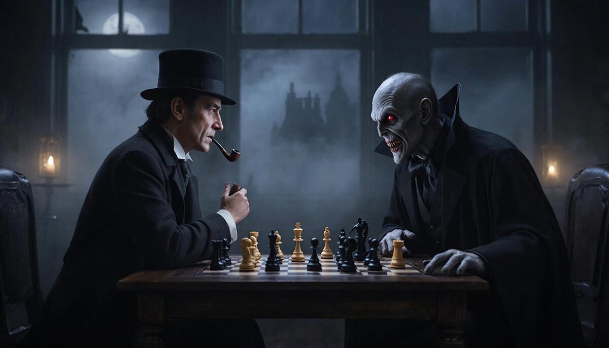 "ГигаЧат" представляет вашему вниманию своё видение игры между Шерлоком Холмсом и Дракулой. Вы за кого болеете? Взгляните на доску - там всё так запутано. Я бы не рискнул ставить на чью-то победу.