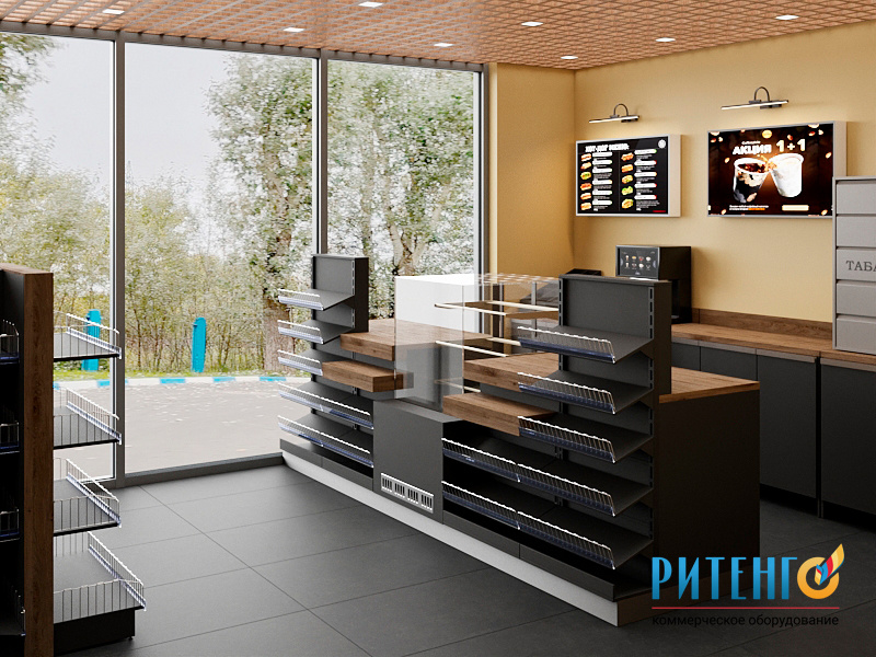 Дизайн автозаправки АЗС. Оформление кассовой зоны. Мебель для АЗС "РИТЕНГО"