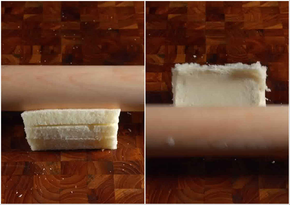 📸 Раскатываем ломтики хлеба скалкой, чтобы они стали тонкими.