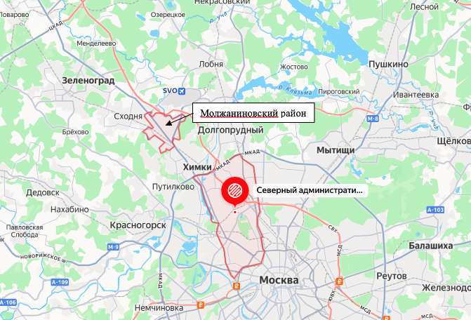 Расположение Молжаниновского района. Он считается самым малонаселённым районом Москвы. Источник: «Яндекс Карты»
