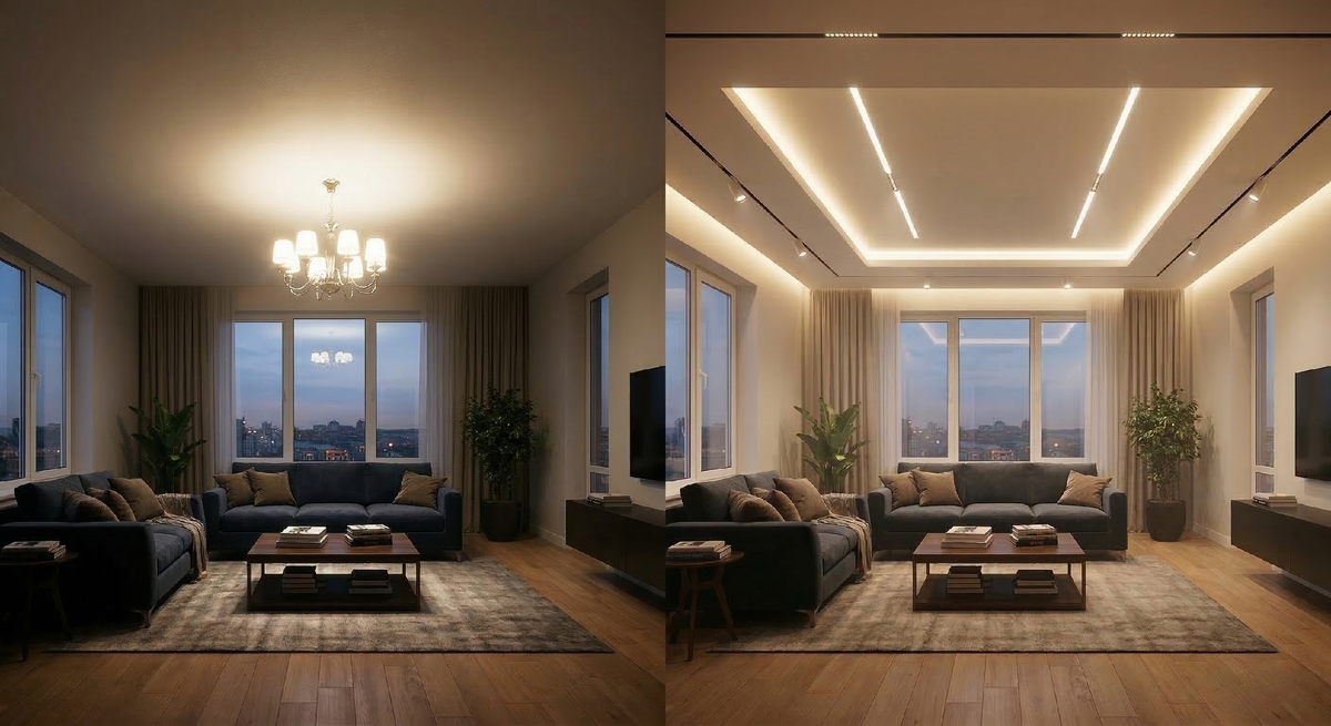 Пример того, как многоуровневое освещение меняет восприятие объема комнаты.