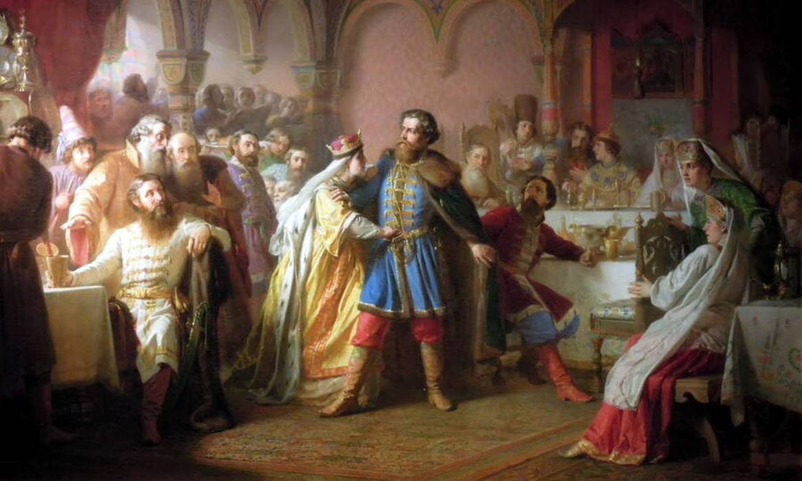 Великая княгиня Софья Витовтовна на свадьбе великого князя Василия Тёмного в 1433 году срывает с князя Василия Косого пояс с драгоценными каменьями, который некогда принадлежал Дмитрию Донскому и которым Юрьевичи завладели неправильно. Художник В.П. Верещагин, 1861 год.