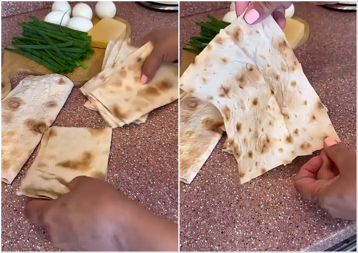 📸 Нарезанный лаваш складываем стопочкой, формируя аккуратные квадратики.