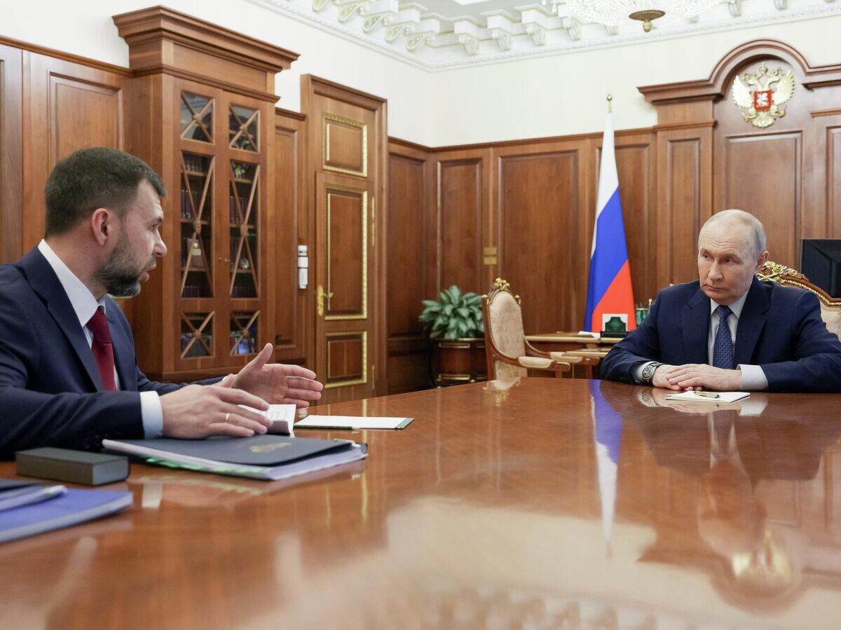    Президент РФ Владимир Путин и глава ДНР Денис Пушилин во время встречи в Кремле© РИА Новости . POOL
