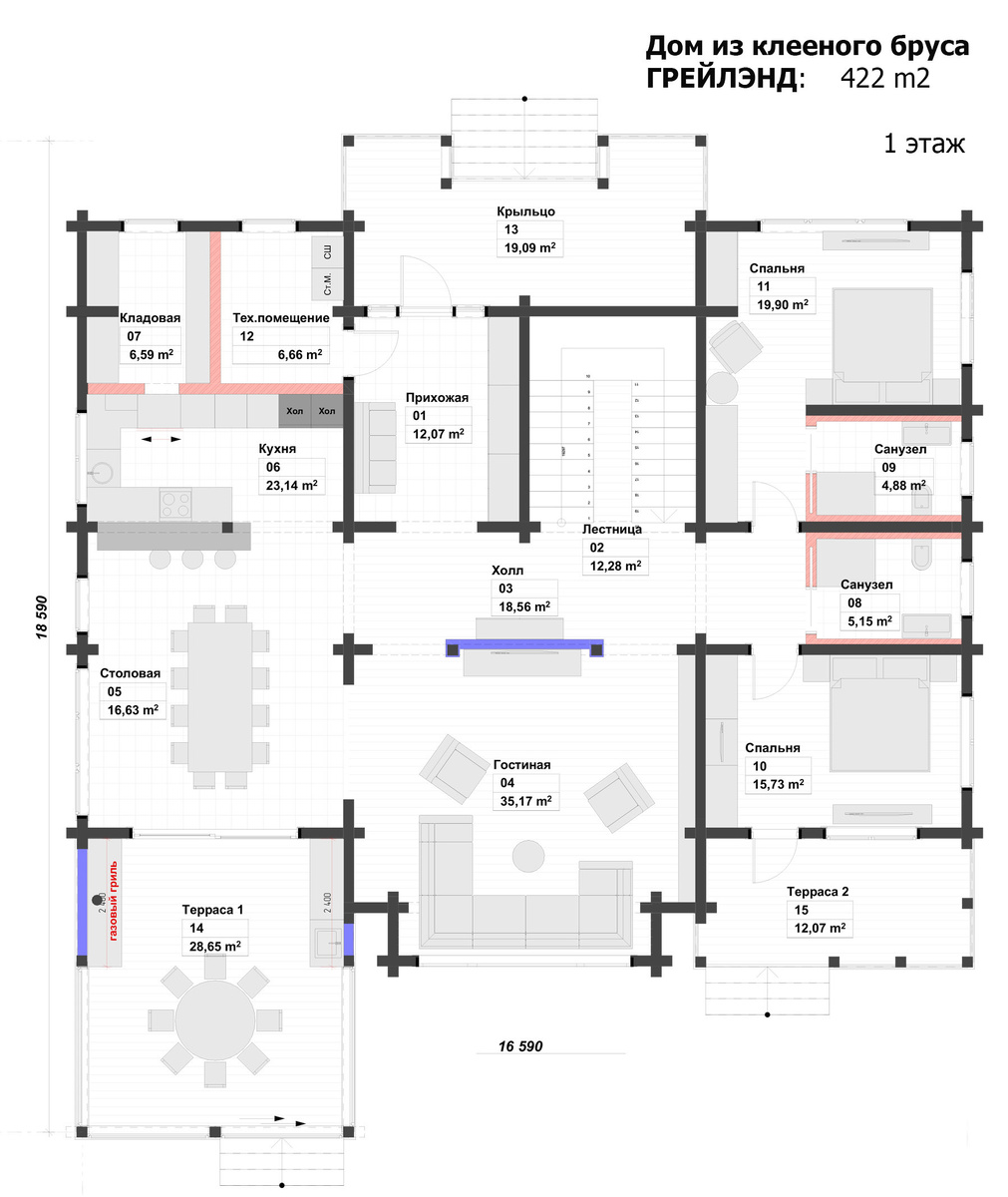 План 1 этажа деревянного дома по проекту Грейлэнд