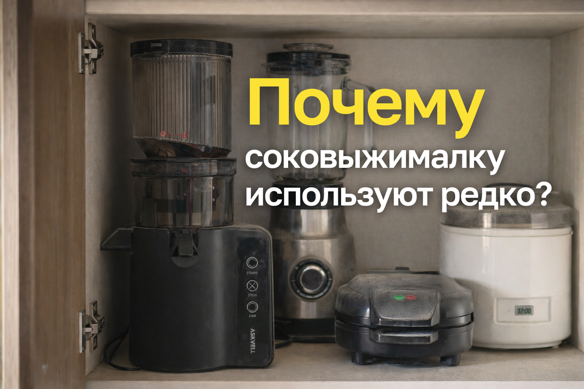 Соковыжималка, блендер, вафельница — на кухне много техники, но используется она далеко не всегда. На фото обычный кухонный шкаф, где хранится техника для приготовления свежего сока и полезных напитков. Почему соковыжималку часто покупают, но редко используют? Разбираем причины и показываем простой способ изменить эту привычку.