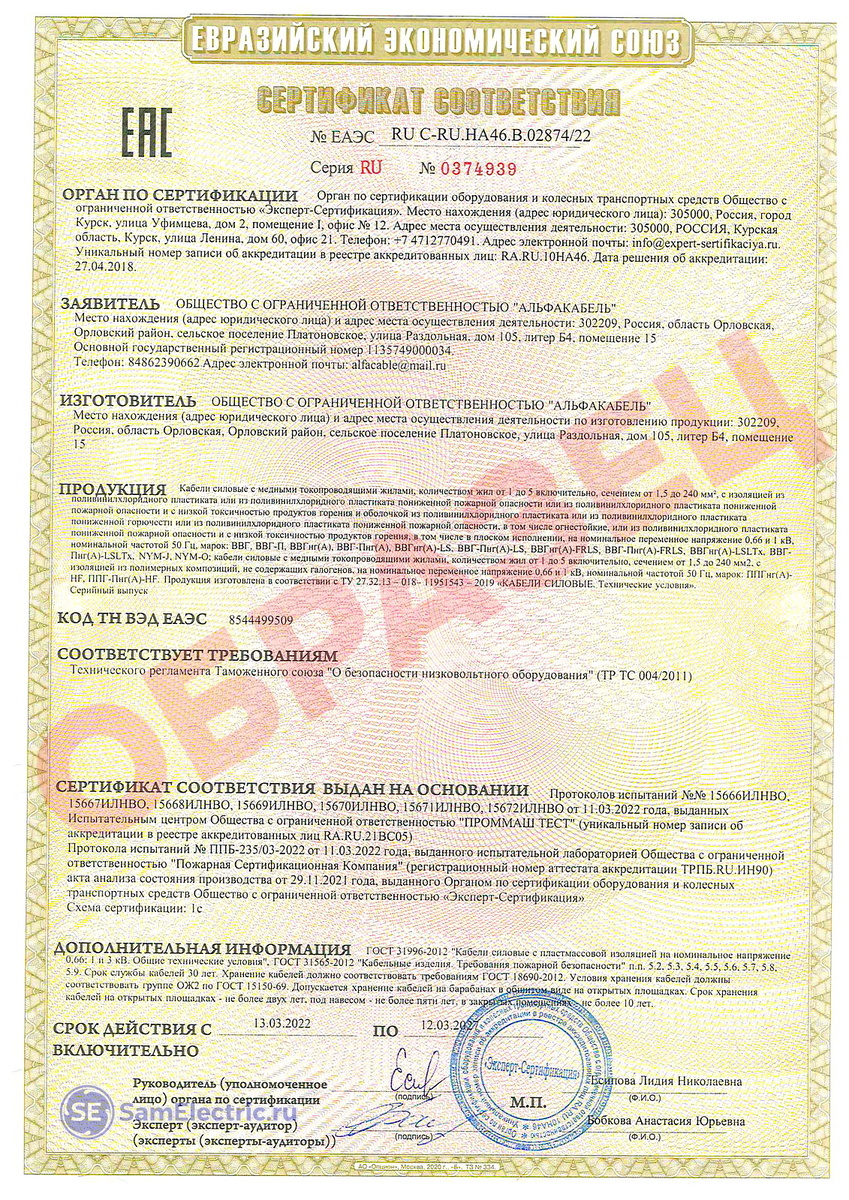 Сертификат соответствия Альфакабель