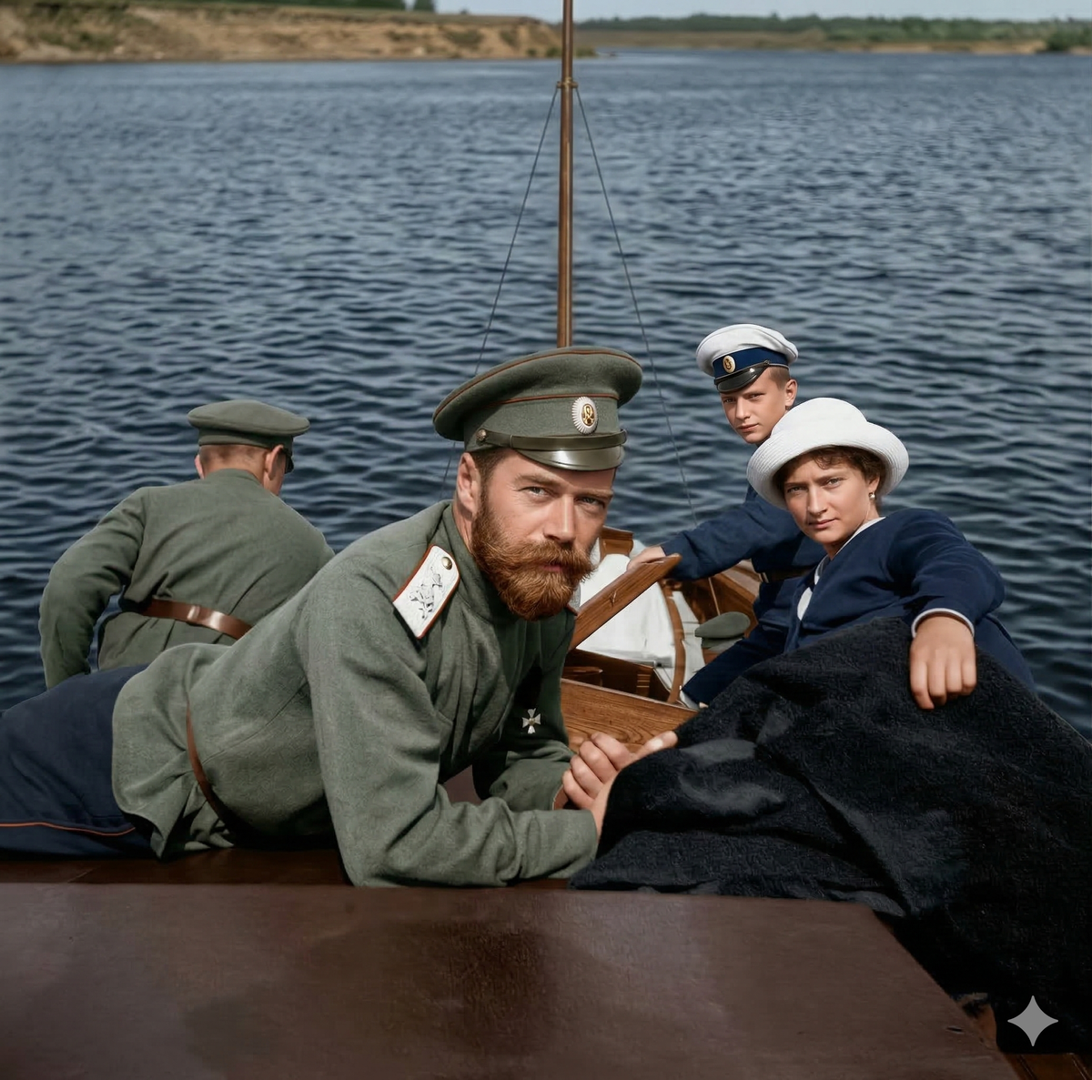 Николай II в морской фуражке на палубе яхты «Штандарт», около 1905–1910 годов. Цветное фото.