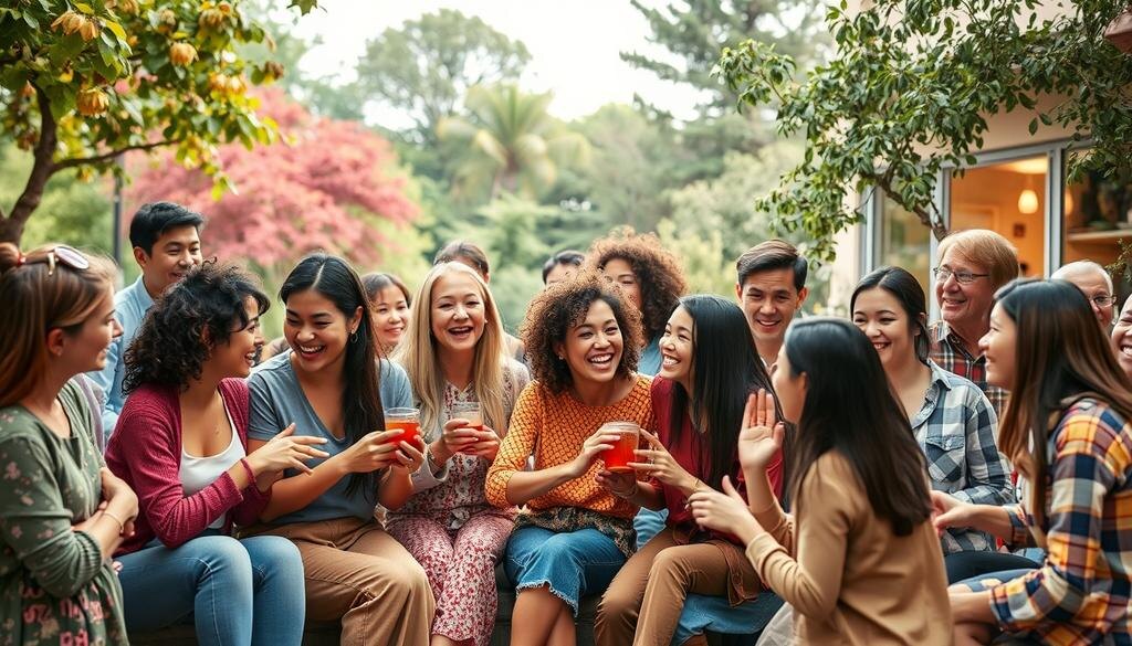    Яркая социальная встреча, демонстрирующая разнообразную группу людей, взаимодействующих радостно в различных обстановках.