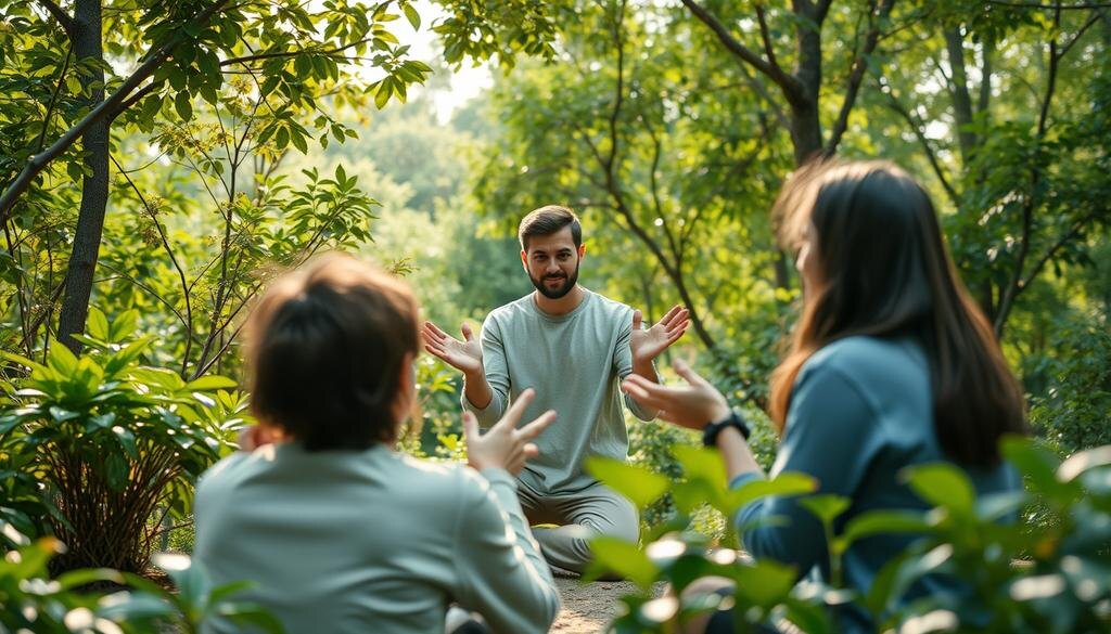    Спокойная обстановка, символизирующая биологическую потребность в социальном взаимодействии, с человеком, общающимся с другими на фоне природы.