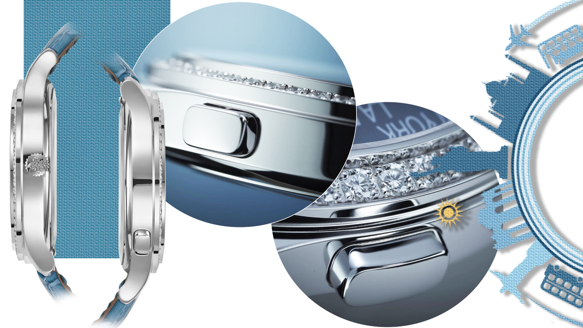 Корпус выполнен из белого золота, безел украшен 62 бриллиантами (~0,82 карата).