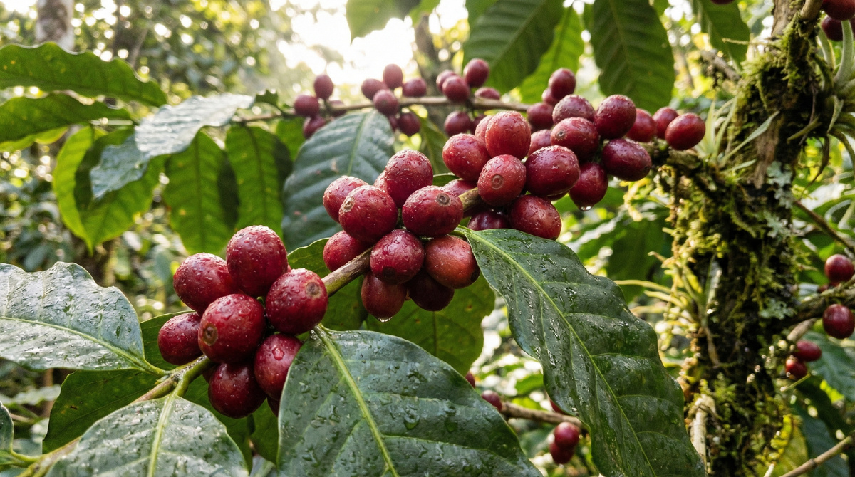 Ягоды либерики на ветке кофейного дерева Coffea liberica.