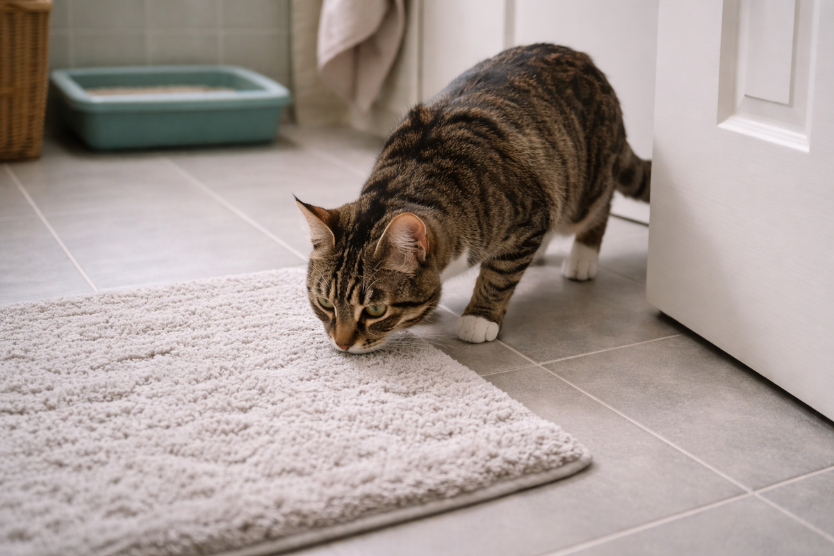 Мягкий коврик иногда кажется коту понятнее, чем сам лоток