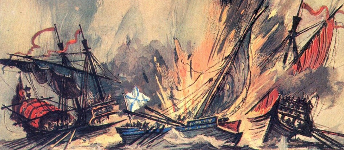 Подвиг капитана 2-го ранга Сакена 26 мая 1788 года. © И.И. Родинов
