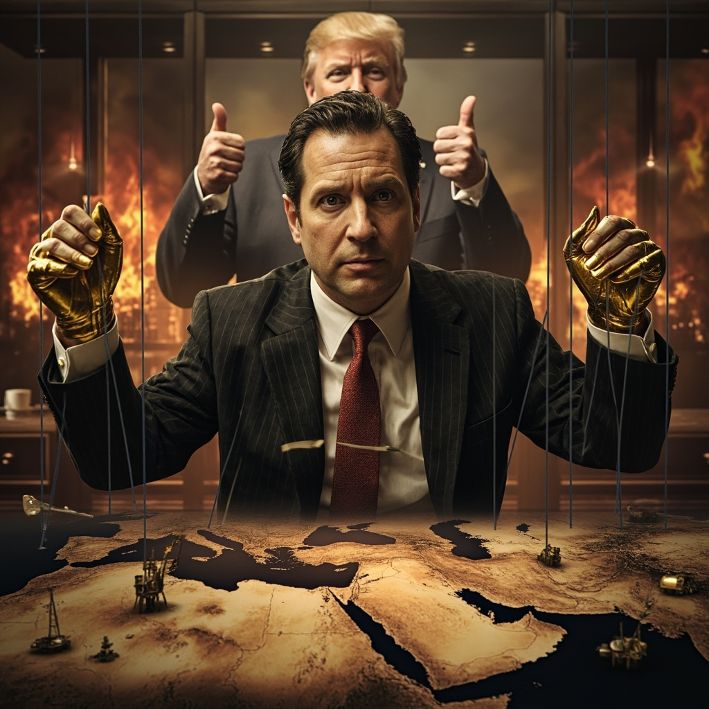  Сатирический портрет Джареда Кушнера в роли мастера-кукловода . Его руки, сделанные из золота , управляют невидимыми нитями , прикреплёнными к нефтяным вышкам и ракетным установкам на карте Ближнего Востока . За его спиной Трамп с одобряющими знаками. И всё это - на фоне горящего Тегерана. 