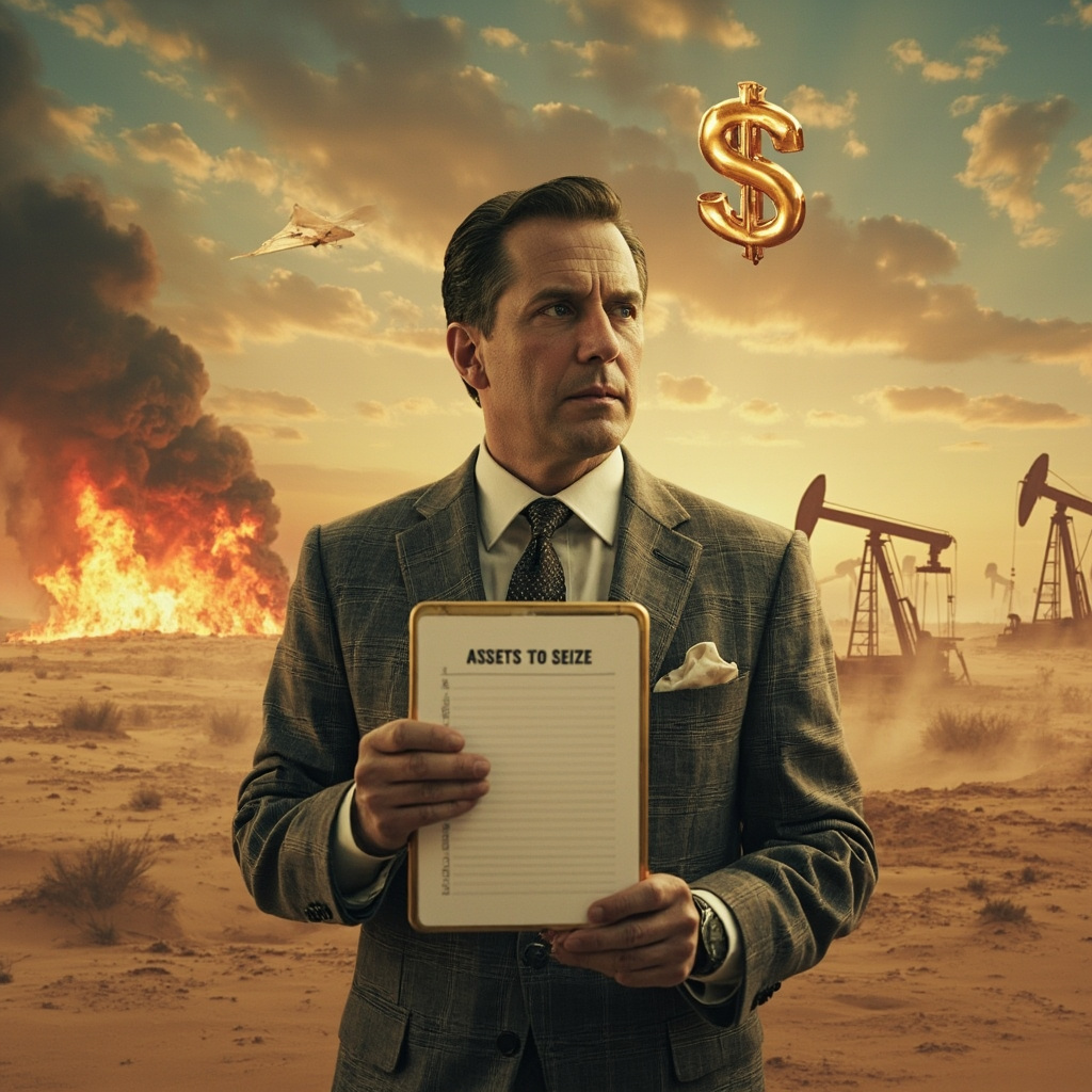  Джаред Кушнер посреди поля боя в иранской пустыне . В руках у него - золотой iPad ( айпад ) со списком , озаглавленным "Активы, подлежащие аресту" .  На заднем плане - горящие нефтяные скважины , а над ним летает "воздушный змей"  в виде доллара. 