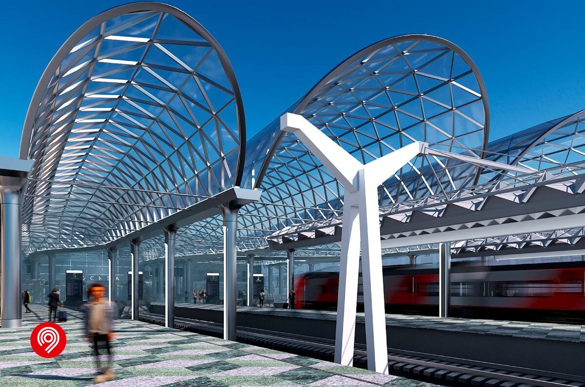 📸 1.1: Общий вид будущего дебаркадера Ленинградского вокзала с прозрачной кровлей над платформами.