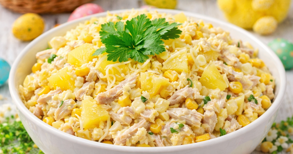 Пасхальный праздничный  салат с курицей и ананасом: простой рецепт, который первым исчезает со стола!