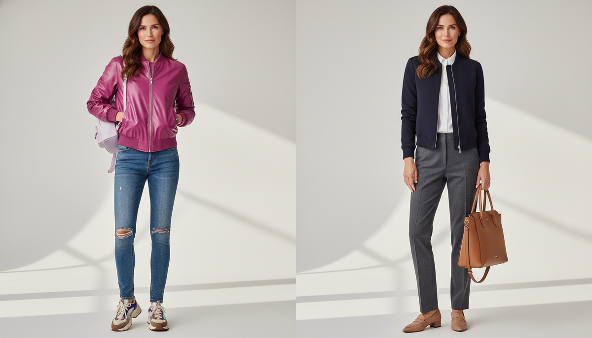Слева неудачно, справа стильно: женщина 40+ в бомбере и брюках показывает, как носить бомбер уверенно и современно