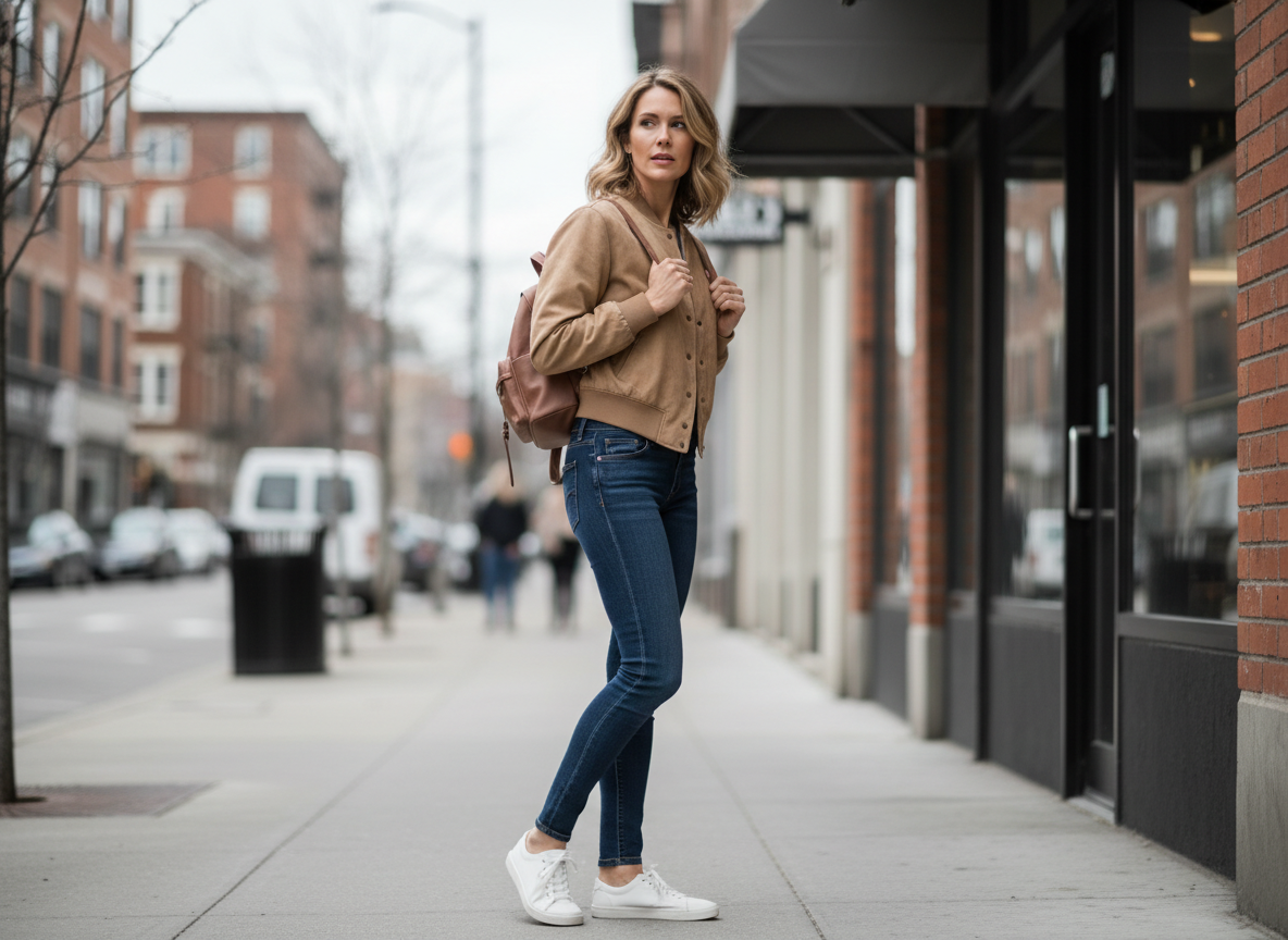 Женщина 40+ у входа в кофейню в коротком бомбере и скинни выглядит скованно — пример, как носить бомбер не стоит
