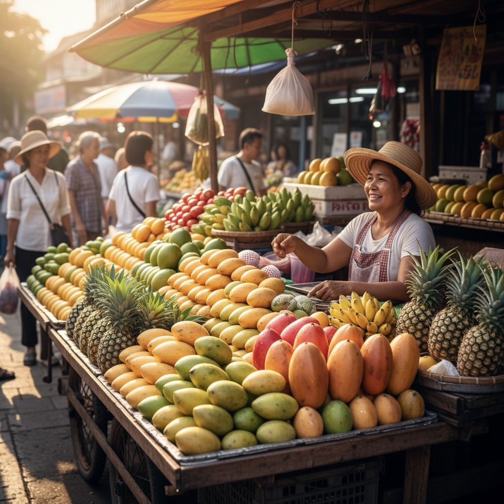 Тропические фрукты на уличном рынке Таиланда